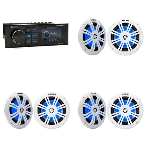 DIY Boat Stereo Replacement System – Alpine UTE-M701 Marine Bluetooth Receiver with (3 Pair) Kicker 51KM604WL 6.5" White LED Marine Speakers