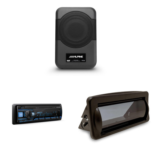 Alpine UTE-83BT Bluetooth Marine Radio Kit with CAMC1B Single-DIN Cover & PWE-S8-MRN Compact 8" Powered Marine Subwoofer – Boat, UTV & Golf Cart Bass Upgrade