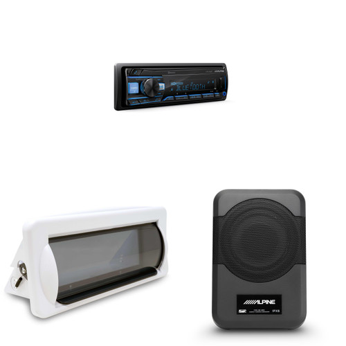 Alpine UTE-83BT Bluetooth Marine Radio Kit with CAMC1W White Single-DIN Cover & PWE-S8-MRN Compact 8" Powered Marine Subwoofer – Boat, UTV & Golf Cart Bass Upgrade