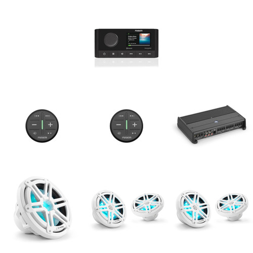 Complete JL Audio M3 White Sport LED Marine Audio System – Fusion MS-RA210 Radio with 2 Wireless Remotes, 4 M3 6.5" LED Speakers, 10" LED Subwoofer & XDM600/6 Amplifier