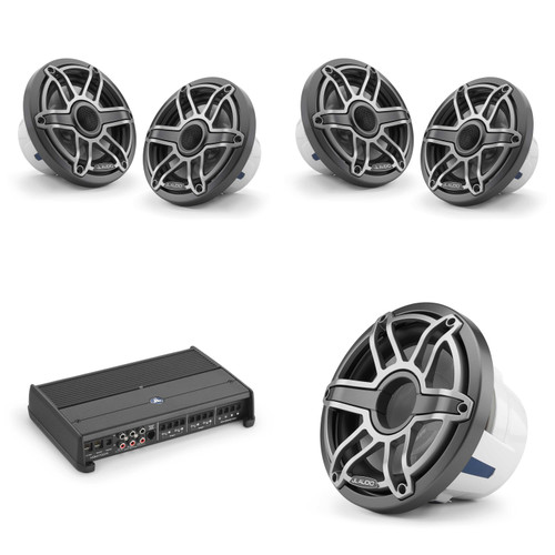 JL Audio M6 Gunmetal Sport Marine Audio System – 4 M6 6.5" Speakers, 10" Free Air Subwoofer & XDM700/5 5-Channel Amplifier
