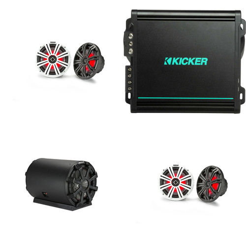 Kicker Pontoon Boat Audio System – 46CWTB102 10" Bass Tube + 48KMA8001 Marine Amplifier + (4) 45KM84L 8" White LED Speakers – DIY Upgrade Bundle