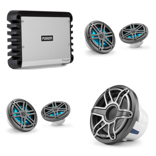 JL Audio M3 Gunmetal Sport LED Marine Audio System – 4 M3 6.5" Speakers, M6 10" Free Air Subwoofer & Fusion SG-DA51600 5-Channel Amplifier