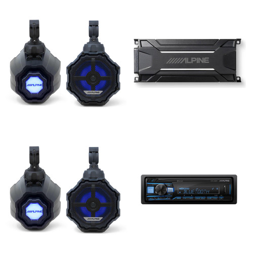 Alpine (2) SPV-65RGB-CAN 6.5” Cage-Mounted Universal Weather-Resistant Coaxial RGB LED Speaker Pods with KTA-30FW Amp & UTE-63BT Source
