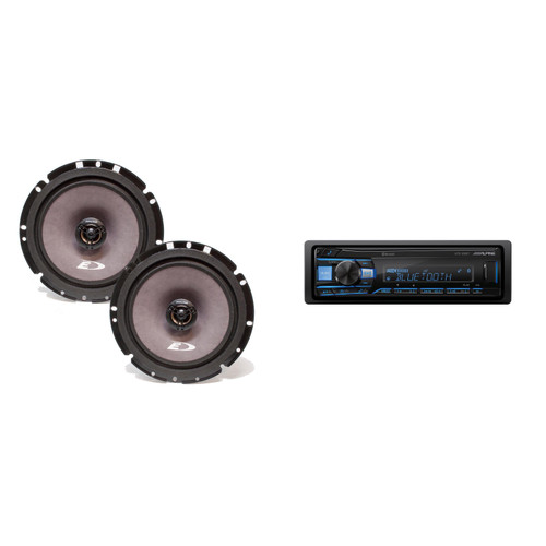 Alpine UTE-63BT Bluetooth Car Stereo with 2 SXE-1726S 220W Coaxial Speakers. No-CD Mechless Digital Media Receiver Head Unit