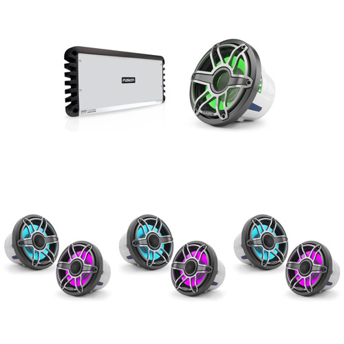 JL Audio M6 8.8" Gunmetal Sport RGB Marine Audio System – 6 M6-880X-S-GmTi-i Speakers, 10" Subwoofer & Fusion SG-DA82000 8-Channel Amplifier