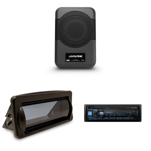 Alpine UTE-63BT Bluetooth Marine Radio Kit with CAMC1B Single-DIN Cover & PWE-S8-MRN Compact 8" Powered Marine Subwoofer – Boat, UTV & Golf Cart Bass Upgrade