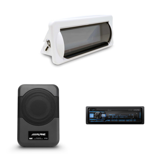 Alpine UTE-63BT Bluetooth Marine Radio Kit with CAMC1W White Single-DIN Cover & PWE-S8-MRN Compact 8" Powered Marine Subwoofer – Boat, UTV & Golf Cart Bass Upgrade
