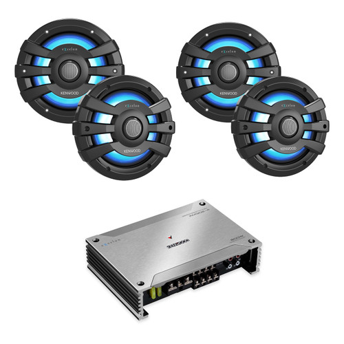 Kenwood 7.7" 2-Way Black Coaxial Speakers with Illumination 2-Pair with 300 Watt Marine Amplifier