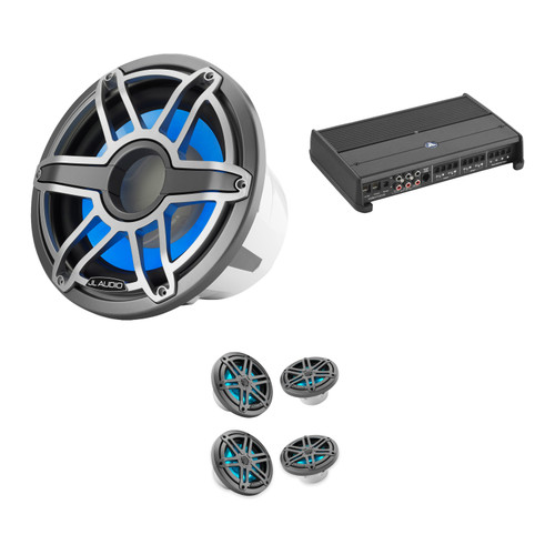 Complete JL Audio Marine Audio Upgrade – 4 M3 6.5" Gunmetal Sport LED Speakers, M7 12" Subwoofer & XDM700/5 Amplifier