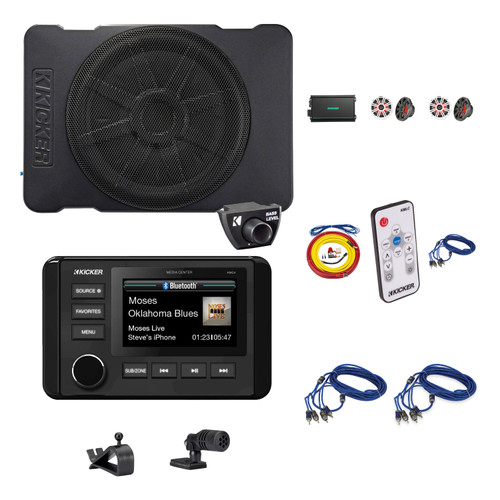 Kicker Complete DIY Marine Audio System Bundle with KMC4 Bluetooth Radio, KM654L LED Speakers, HS10 Powered Subwoofer, KMA600.4 Amplifier, LED Controller & Install Kit