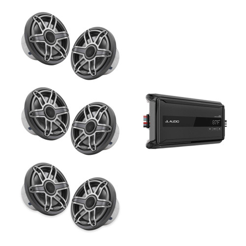 JL Audio M6 7.7" Gunmetal Sport Marine Audio System – 6 Speakers with AP600/6 Amplifier for DIY Pontoon, Center Console & Bowrider Upgrades