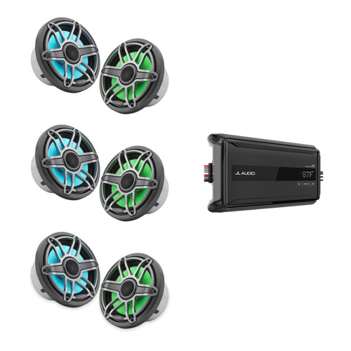 JL Audio M6 7.7" Gunmetal Sport LED Marine Audio System – 6 Speakers with AP600/6 Amplifier for DIY Pontoon, Center Console & Bowrider Upgrades