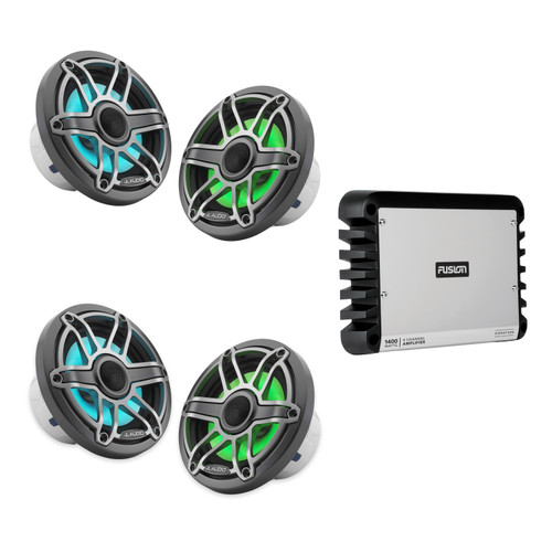 JL Audio M6 Sport Gunmetal RGB Marine Audio System – 4 M6 6.5" Speakers with Fusion SG-DA41400 4-Channel Amplifier