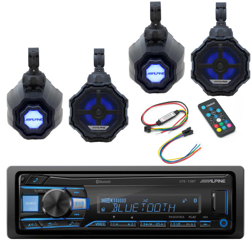 Alpine (2) SPV-65RGB-CAN 6.5” Cage-Mounted Universal Weather-Resistant Coaxial RGB LED Speaker Pods w UTE-73BT Source Unit & LED Remote