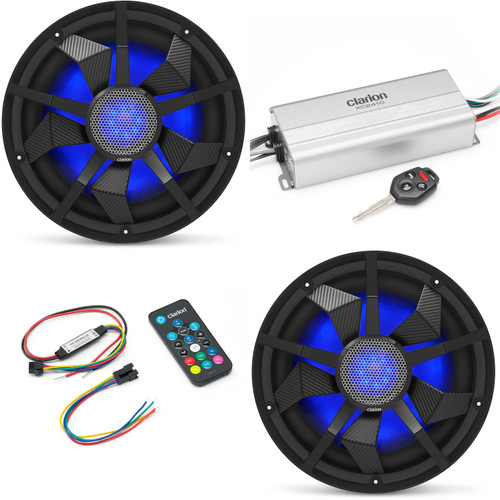 Clarion Marine 4 Channel Amp & (2) 12" Black Grill Boat Audio Upgrade Bundle ( Includes LED Remote )