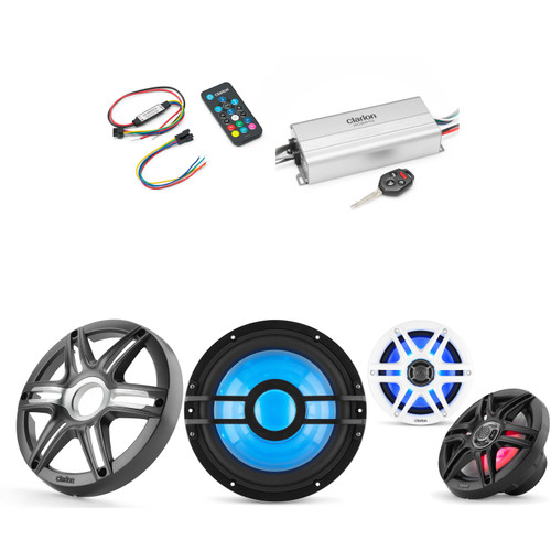 Clarion Marine 4 Channel Amp & 6.5" w/ 10" Grey Grill Boat Audio Upgrade Bundle ( Includes LED Remote )