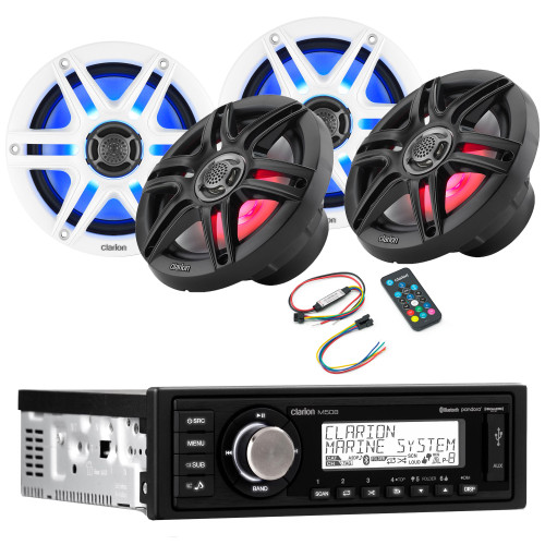 Clarion M508 Marine Single Din with (2) CMS-651RGB-SWB 6.5-inch LED RGB Marine Coaxial Speakers, Sport Grilles Includes Lighting Remote