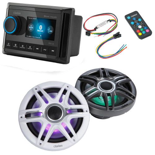 Clarion CMM-30 Marine Source Unit Color LCD Display with CMSP-771RGB-SWG 7.7-inch Premium Marine Coaxial Speakers, Sport Grilles RGB LED & Lighting Remote