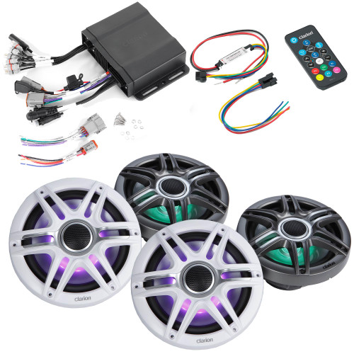 Clarion CMM-30BB Hideaway Marine Source Unit with (2) CMSP-771RGB-SWG 7.7-inch Premium Marine Coaxial Speakers, Sport Grilles RGB LED & Lighting Remote