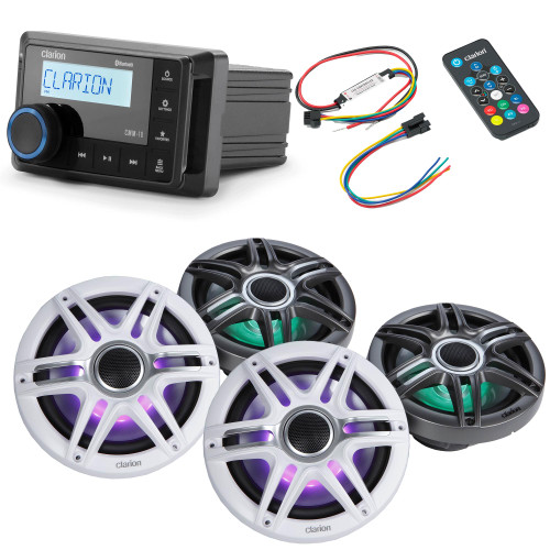 Clarion CMM-10 Marine Source Unit with (2) CMSP-771RGB-SWG 7.7-inch Premium Marine Coaxial Speakers, Sport Grilles RGB LED & Lighting Remote