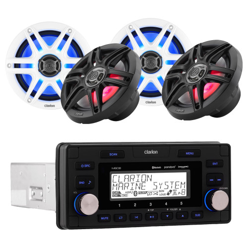 Clarion M608 Marine Receiver with (2) CMS-651RGB-SWB 6.5-inch LED RGB Marine Coaxial Speakers, Sport Grilles