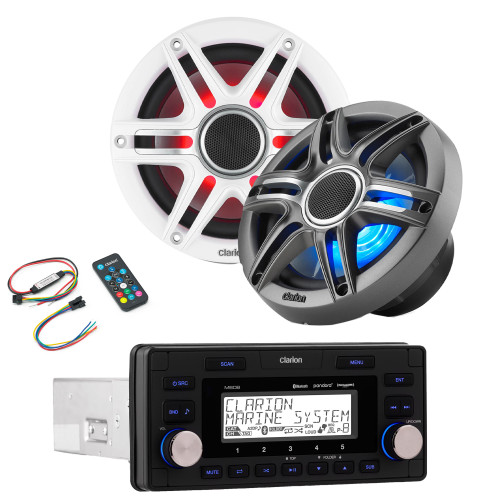Clarion M608 Marine Receiver with CMSP-651RGB-SWG 6.5-inch Premium Marine Coaxial Speakers, Sport Grilles RGB LED & Lighting Remote