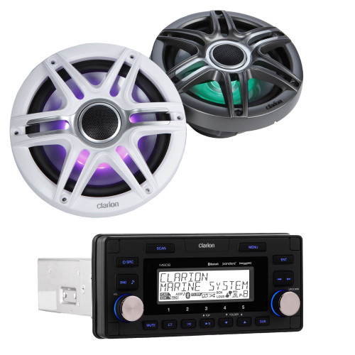 Clarion M608 Marine Receiver with CMSP-771RGB-SWG 7.7-inch Premium Marine Coaxial Speakers, Sport Grilles RGB LED Lighting