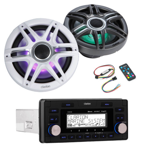 Clarion M608 Marine Receiver with CMSP-771RGB-SWG 7.7-inch Premium Marine Coaxial Speakers, Sport Grilles RGB LED & Lighting Remote