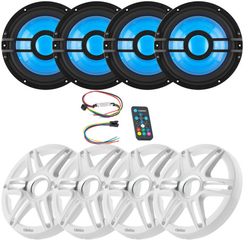 Clarion (4) CMSP-101RGB-2 10" Marine 2-Ohm Subwoofer with RGB LEDs & Remote includes White Sport Grille