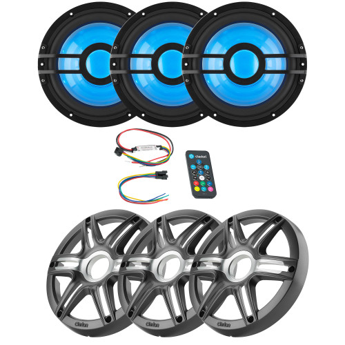 Clarion (3) CMSP-101RGB-2 10" Marine 2-Ohm Subwoofer with RGB LEDs & Remote includes Gray Metallic Sport Grille