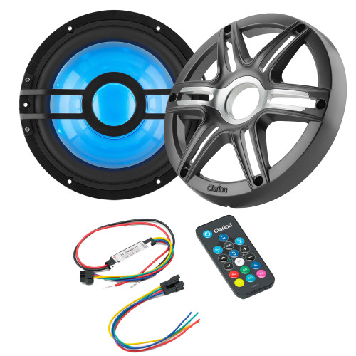 Clarion CMSP-101RGB-2 10" Marine 2-Ohm Subwoofer with RGB LEDs & Remote includes Gray Metallic Sport Grille