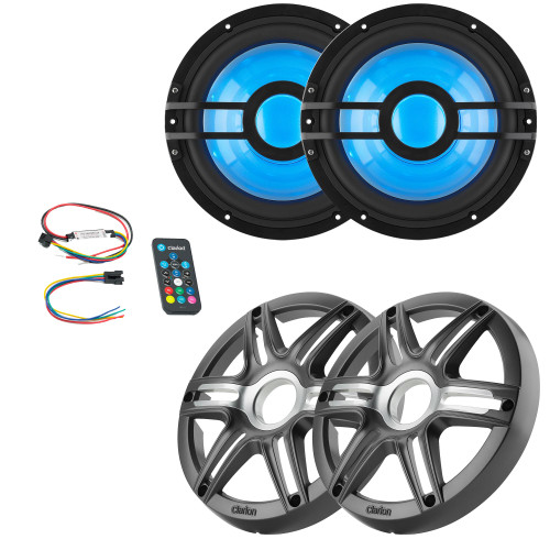 Clarion (2) CMSP-101RGB-4 10" Marine 4-Ohm Subwoofer with RGB LEDs & Remote includes Gray Metallic Sport Grille