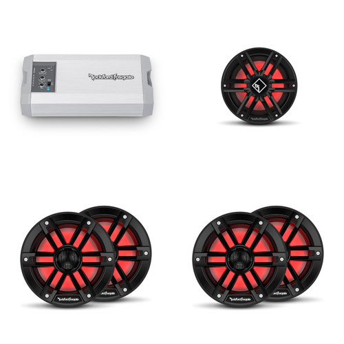 Rockford Fosgate TM1000X5AD 5 Channel Marine Amplifier with 2 Pairs of M1-65B 6.5” Black Color Optix Marine 2-Way Speakers and 1 M2D4-10IB 10" Color Optix Infinite Baffle Marine Subwoofer Black & Stainless Grilles Included