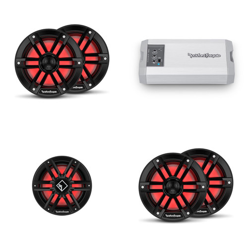 Rockford Fosgate TM1000X5AD 5 Channel Marine Amplifier with 2 Pairs of M1-65B 6.5” Black Color Optix Marine 2-Way Speakers and 1 M2D4-12IB 12" Color Optix Infinite Baffle Marine Subwoofer Black & Stainless Grilles Included