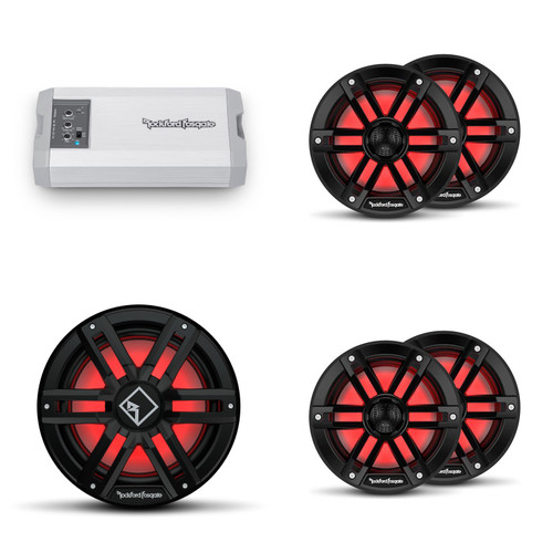 Rockford Fosgate TM1000X5AD 5 Channel Marine Amplifier with 2 Pairs of M1-65B 6.5” Black Color Optix Marine 2-Way Speakers and 1 M2D4-12SB 12" Color Optix Sealed Marine Subwoofer Black & Stainless Grilles Included