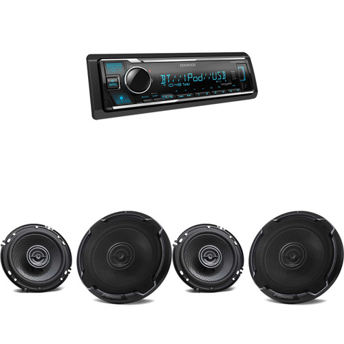 Kenwood KMM-BT332U Bluetooth USB single DIN Media Receiver (No CD) with Alexa with 2 Pairs of Kenwood KFC-1696PS 6-1/2" 2-Way Speaker System