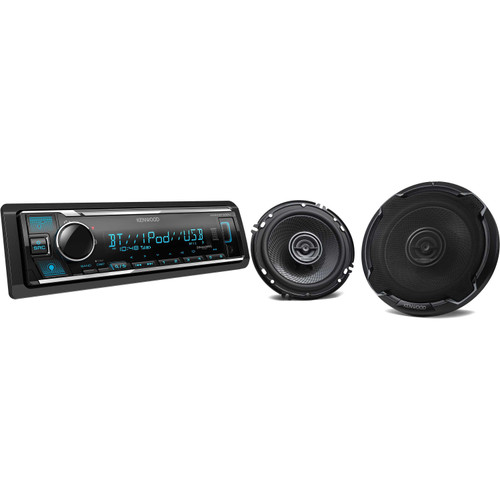 Kenwood KMM-BT332U Bluetooth USB single DIN Media Receiver (No CD) with Alexa with 1 Pair of Kenwood KFC-1696PS 6-1/2" 2-Way Speaker System