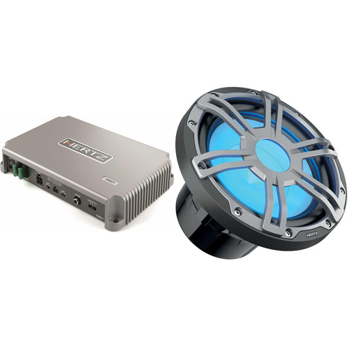 Hertz HMD1 High Power Marine Mono Amplifier with 1 HMS 10 S-LD-G 10" 4-Ohm Marine Subwoofer with RGB LEDs, Gray Sport Grille