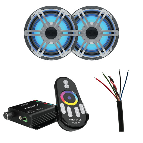 1 Pair Hertz HEX 6.5 S-LD-G 6.5" Marine Coax Set with RGB LEDs with HM RGB 1 BK Controller and 1 Roll (120 ft) 16 AWG Speaker and RGB LED Wire