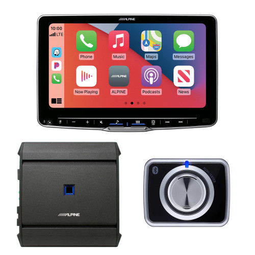 Alpine Halo9 ILX-F509 CarPlay/Android Auto Receiver with Alpine S-A60M 600W Mono Amp, and RUX-H02 Volume/Bass Knob