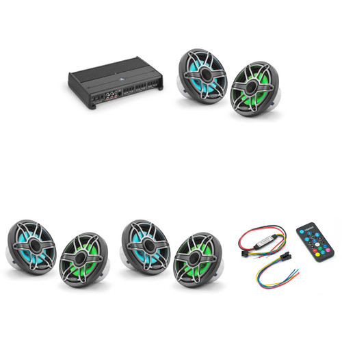 JL Audio XDM600/6 w/ (3) M6-650X-S-Gmti-i, RGB LED, Gunmetal & Titanium Sport Grille Speakers & LED Controller
