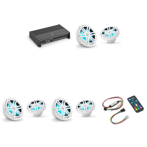 JL Audio XDM600/6 w/ (3) M3-650X-S-Gw-i RGB LED 6.5 Sport Grill White Speakers & LED Remote