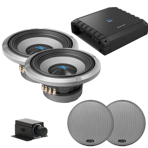 Alpine S2-A60M S-Series Class-D Amp, (2) S2-W10D2 10" S-Series Dual 2-Ohm Car Sub & Grill w/ RUX bundle