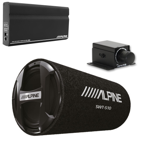 Alpine KTA-200M Mono Power Pack Amp with Alpine SWT-S10 10" Loaded Tube Subwoofer and Bass Knob