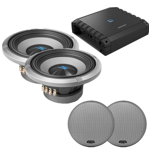 Alpine S2-A60M S-Series Class-D Amp, (2) S2-W10D4 10" S-Series Dual 4-Ohm Car Sub & Grill
