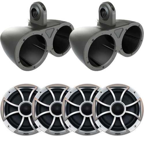Two pairs of  Wet Sounds XS-65i-B 6.5" 60 Watt RMS Speakers with Kicker KMTED Black Tower/Roll Bar Enclosures