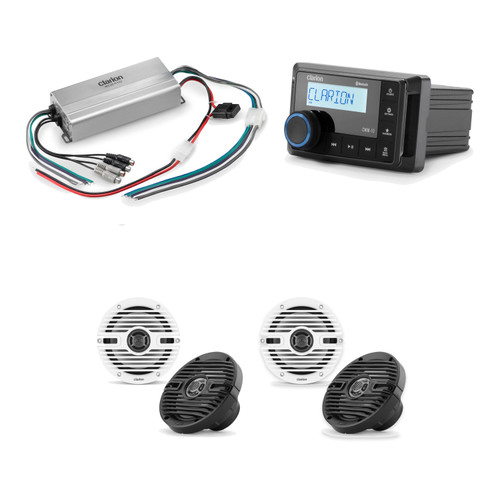 Clarion CMM-10 Marine Stereo Bundle with XC2410 Amp and 4 CMS-651-CWB Speakers
