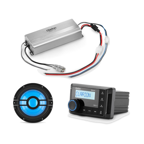 Clarion CMM-10 Marine Stereo Bundle with XC2110 Amp and 10-Inch RGB Subwoofer