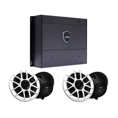 Wet Sounds SYN-DX4 Amp + 4 ZERO 6.5in Marine Speakers, White Grille
